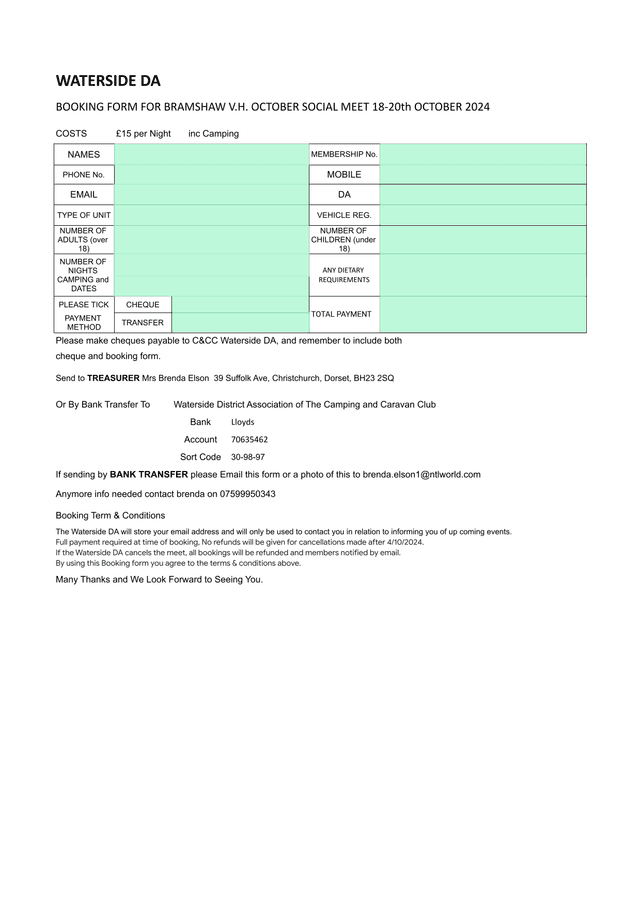 Waterside DA Booking Form For Bramshaw V.H. October Social Meet screenshot