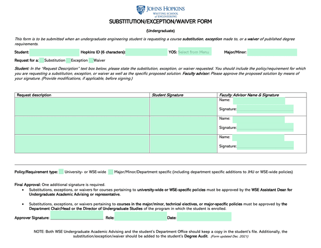 SUBSTITUTIONEXCEPTIONWAIVER FORM (Undergraduate) screenshot