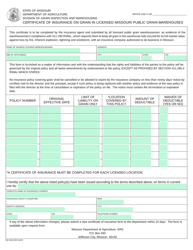 Certificate Of Insurance On Grain In Licensed Missouri Public Grain Warehouses screenshot