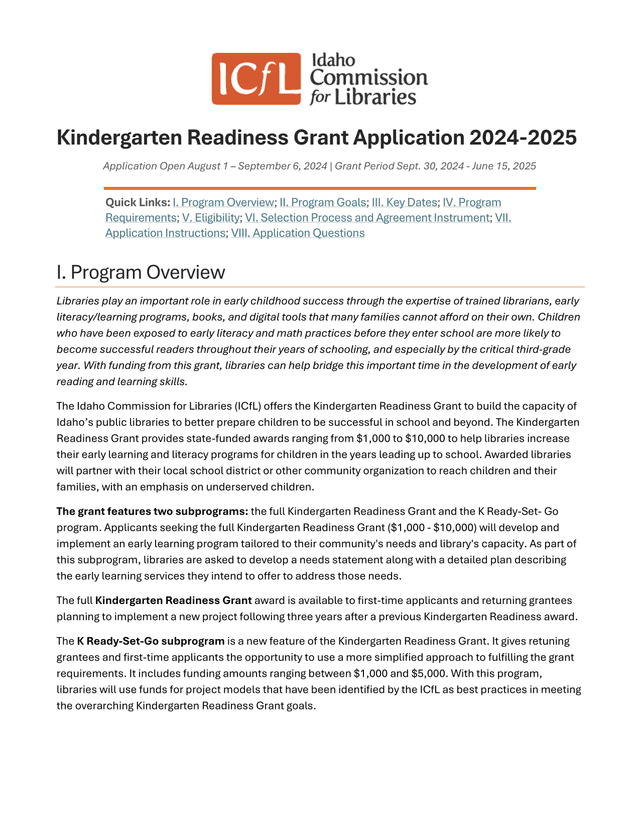 Kindergarten Readiness Grant Application 2024 2025 screenshot