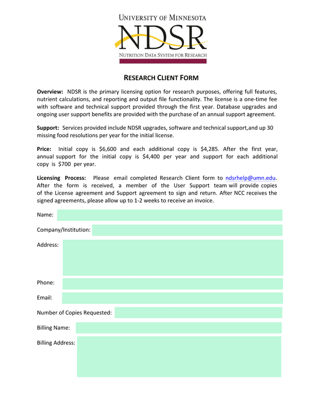 RESEARCH CLIENT FORM screenshot