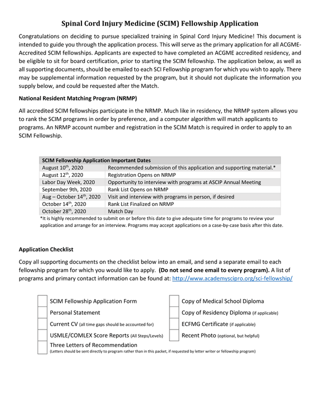 Spinal Cord Injury Medicine (SCIM) Fellowship Application screenshot