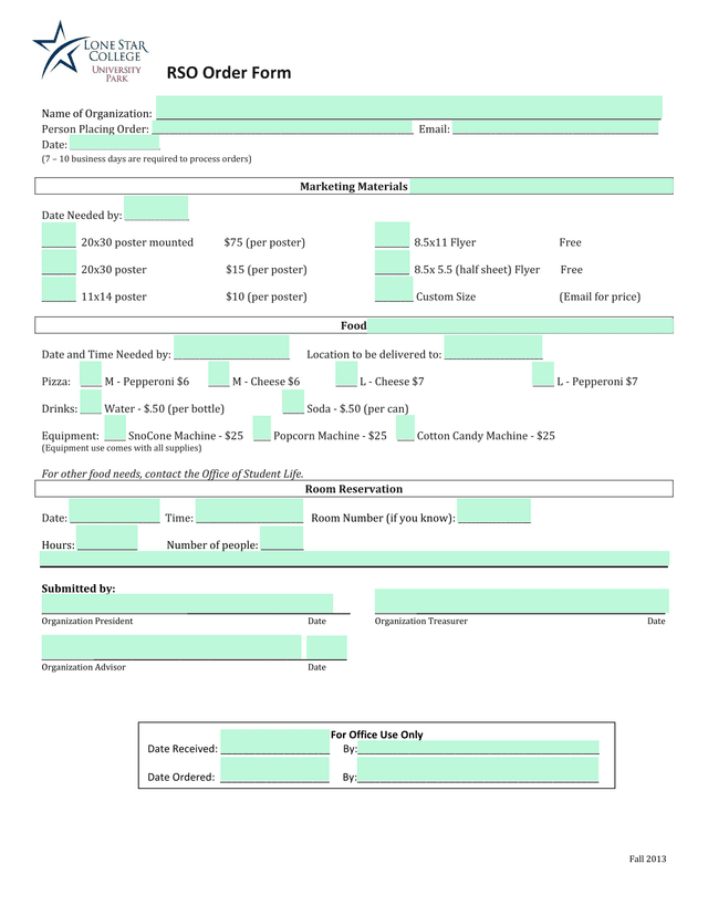 RSO Order Form screenshot