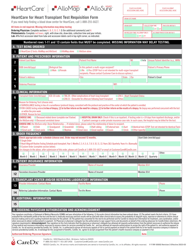 HeartCare For Heart Transplant Test Requisition Form screenshot