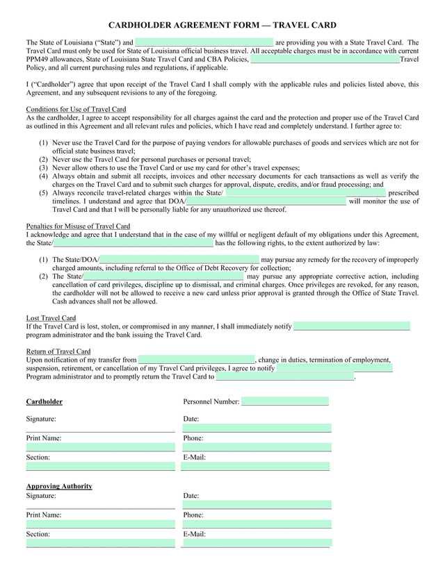 CARDHOLDER AGREEMENT FORM  TRAVEL CARD screenshot