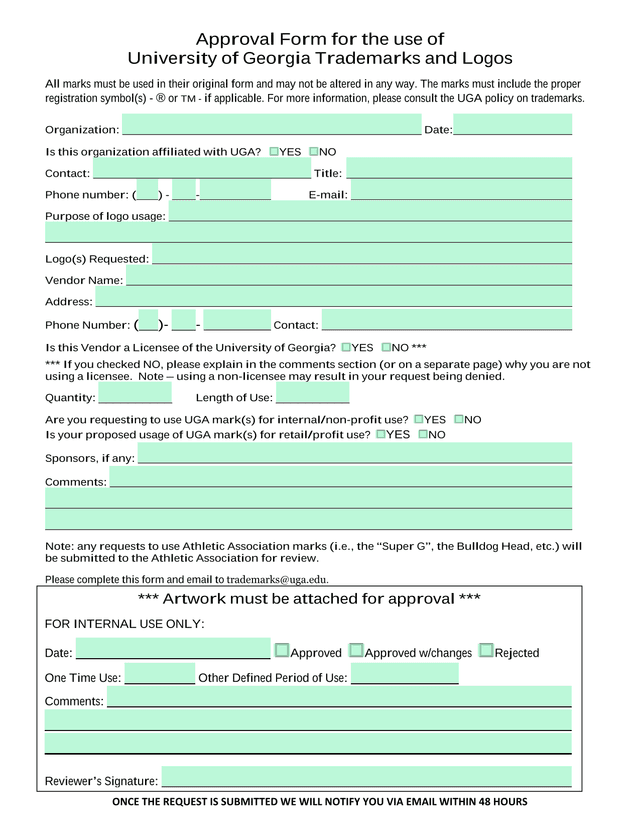 Approval Form For The Use Of University Of Georgia Trademarks And Logos screenshot