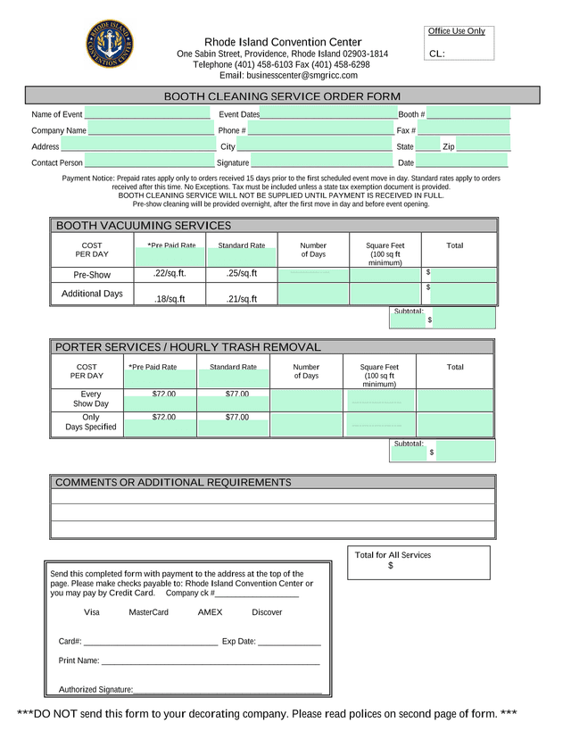 Booth Cleaning And Porter Services Order Form screenshot