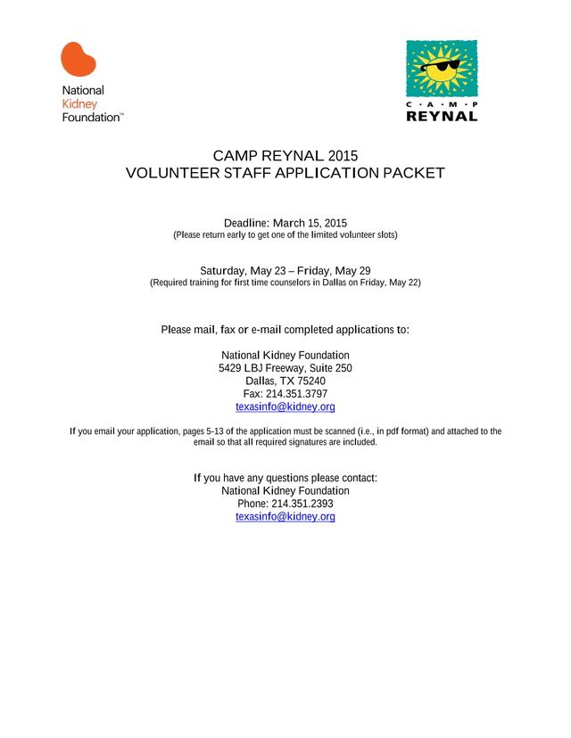 Camp Reynal 2015 Volunteer Staff Application Packet screenshot