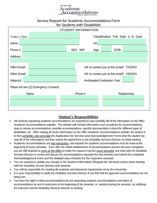 Service Request For Academic Accommodations Form For Students With Disabilities screenshot