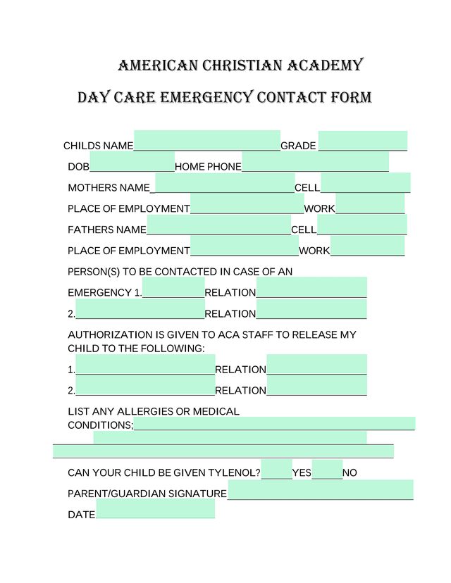 American Christian Academy Day Care Emergency Contact Form screenshot