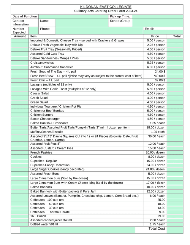 Culinary Arts Catering Order Form 2023 24 screenshot