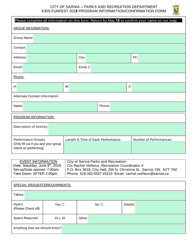 KIDS FUNFEST 2019 PROGRAM INFORMATIONCONFIRMATION FORM screenshot