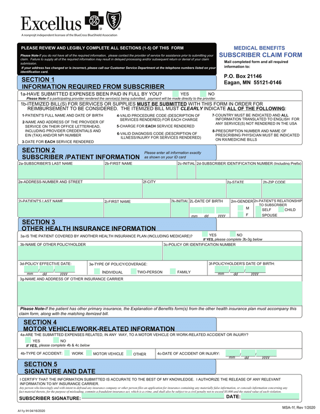 MEDICAL BENEFITS SUBSCRIBER CLAIM FORM screenshot