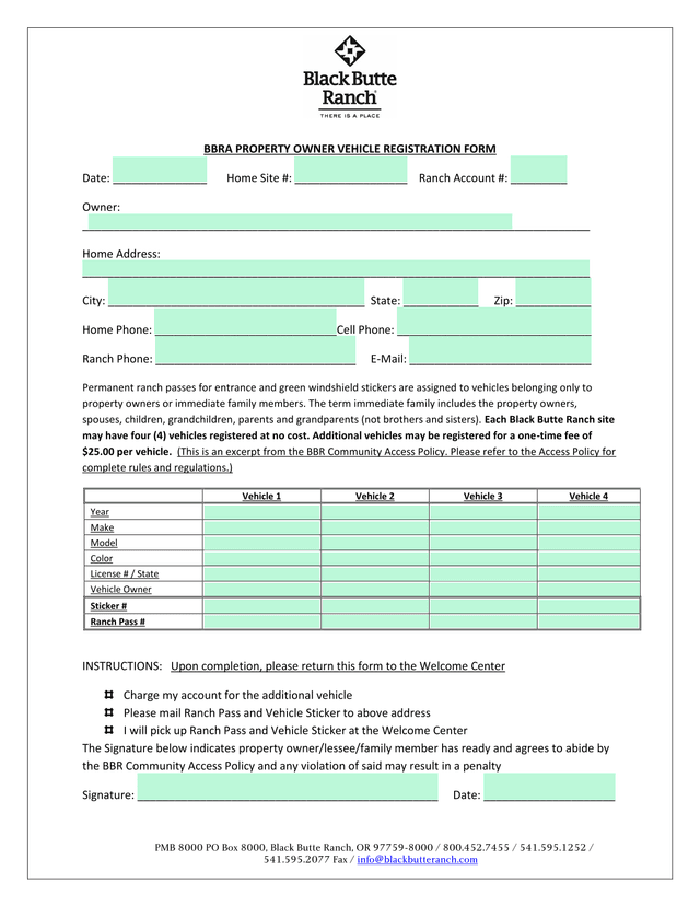 BBRA Property Owner Vehicle Registration Form screenshot