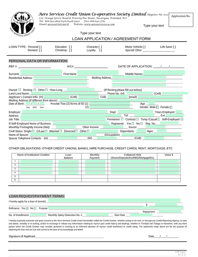 Loan Application  Agreement Form screenshot