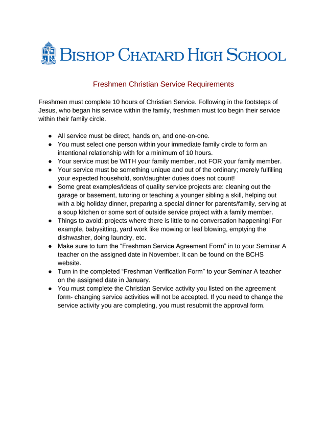 Freshmen Christian Service Requirements screenshot