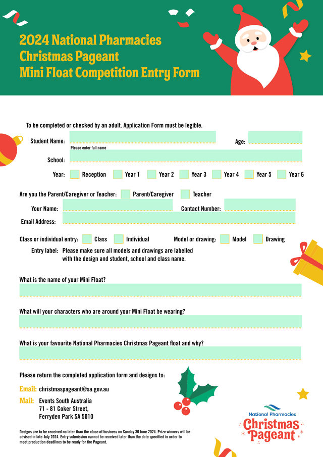 National Pharmacies Christmas Pageant Mini Float Competition Entry Form screenshot