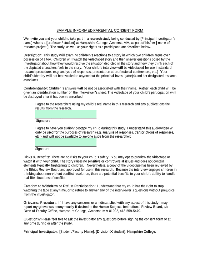 Sample Informed Parental Consent Form screenshot