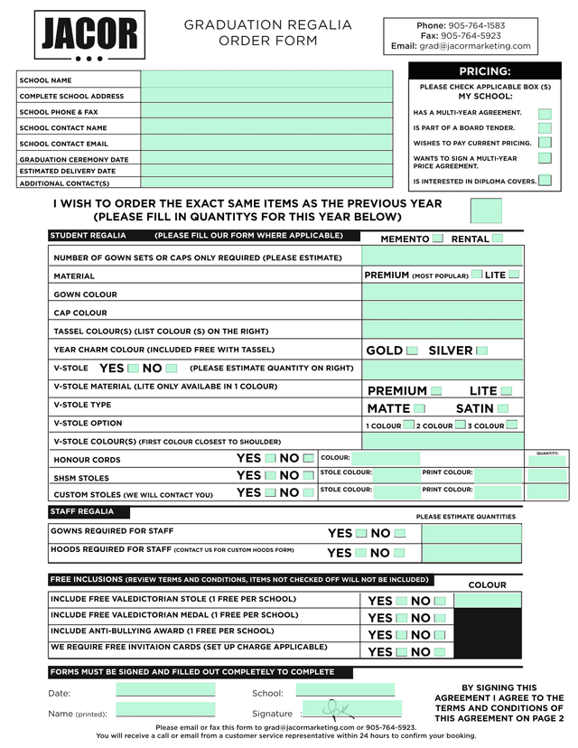 GRADUATION REGALIA ORDER FORM screenshot