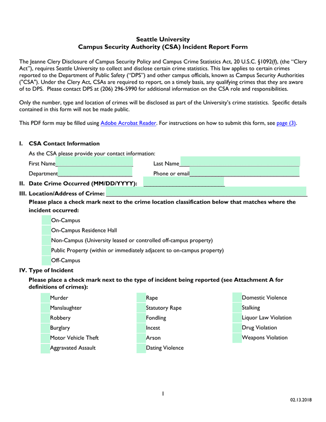 Campus Security Authority (CSA) Incident Report Form screenshot