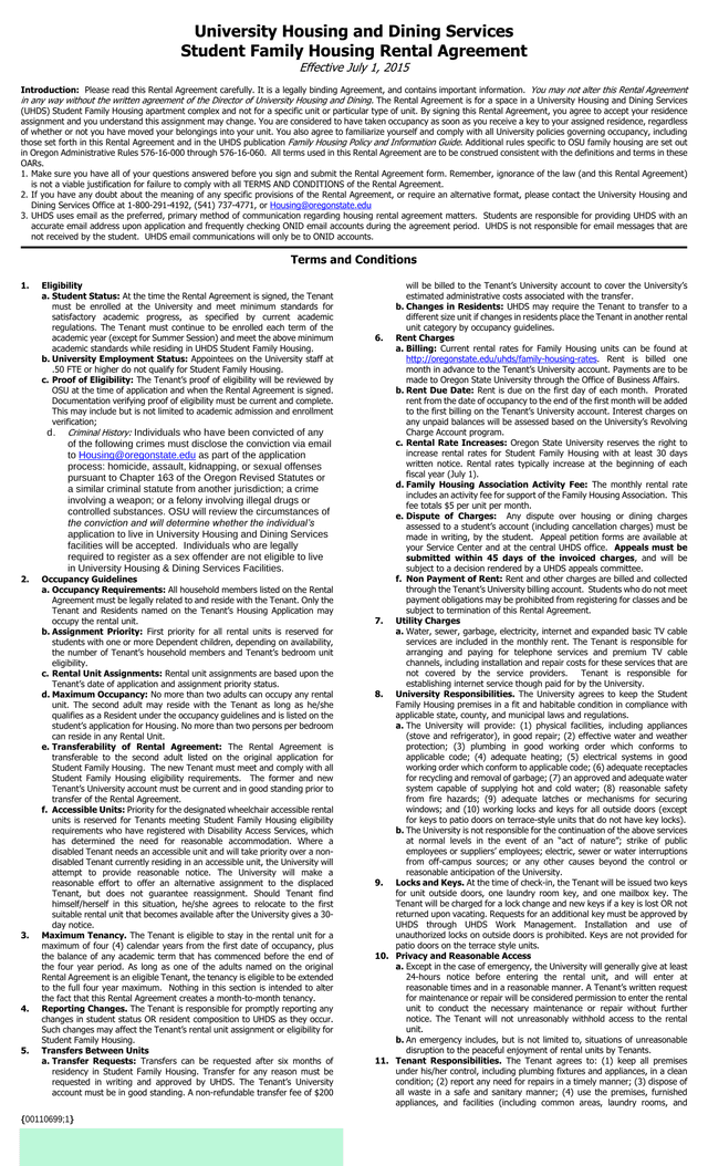 Student Family Housing Rental Agreement screenshot