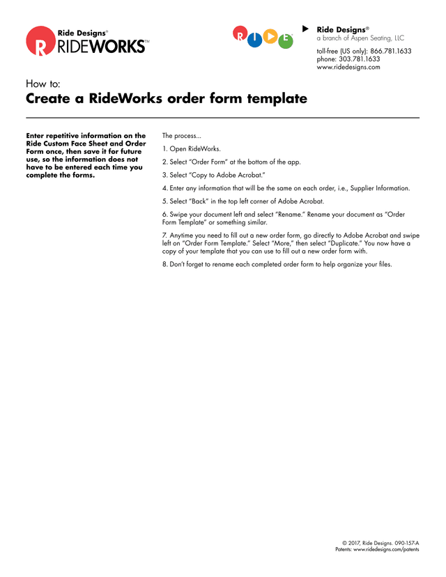 RideWorks Order Form Template screenshot