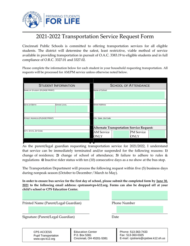 2021 2022 Transportation Service Request Form screenshot