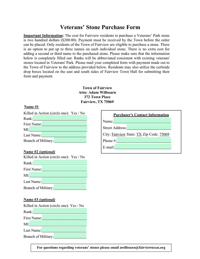 Veterans Stone Purchase Form screenshot