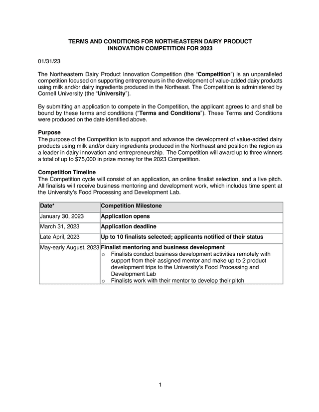 Terms And Conditions For Northeastern Dairy Product Innovation Competition For 2023 screenshot
