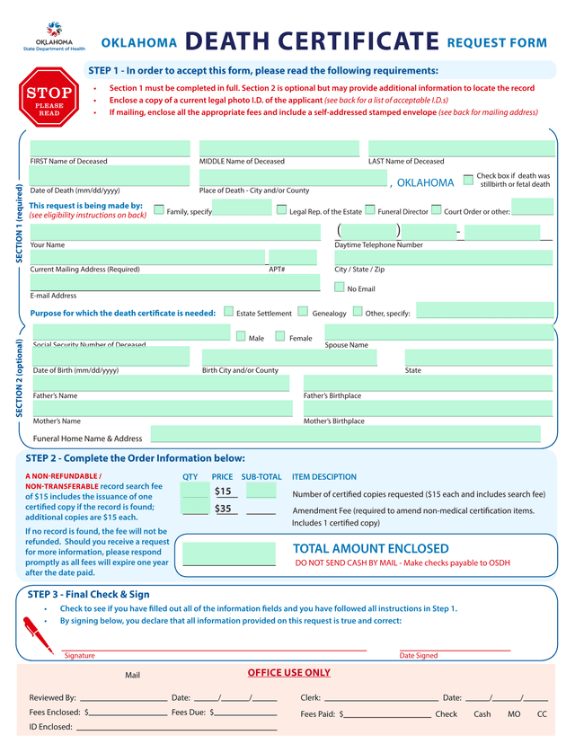 Death Certificate Request Form screenshot