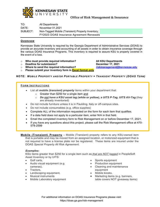 Non Tagged Mobile (Transient) Property Inventory FY2023 DOAS Insurance Agreement Renewals screenshot