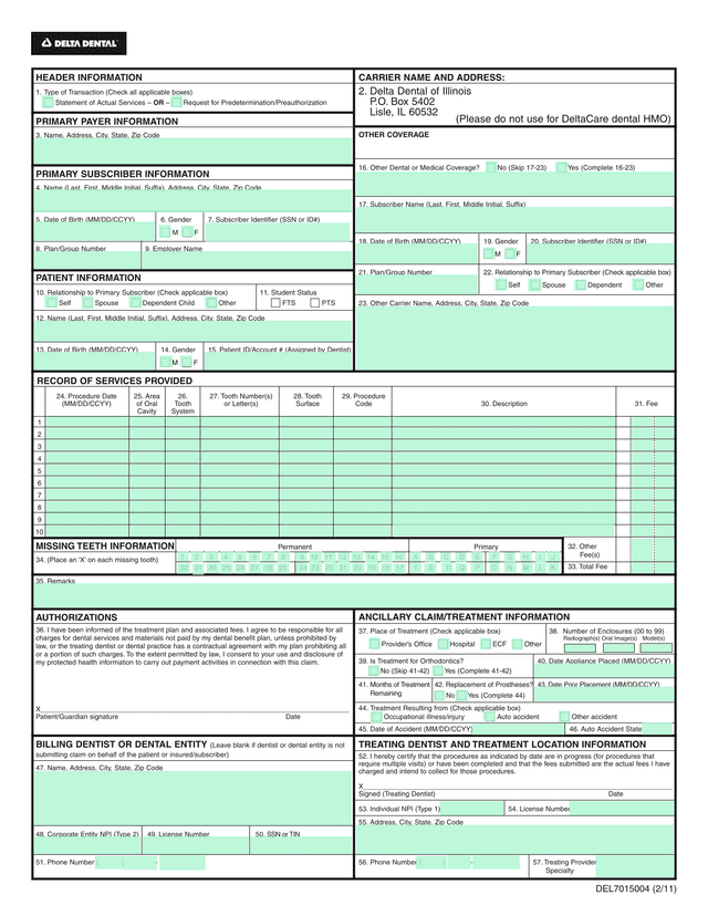 Dental Claim Form screenshot