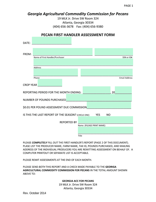 Pecan First Handler Assessment Form screenshot