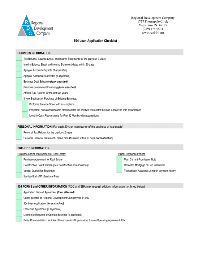 504 Loan Application Checklist screenshot