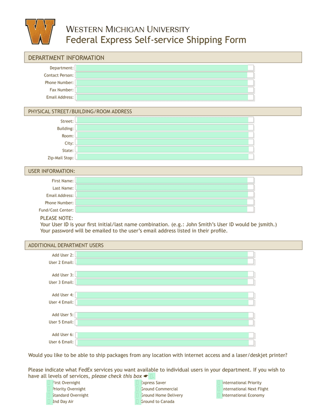 Federal Express Self Service Shipping Form screenshot