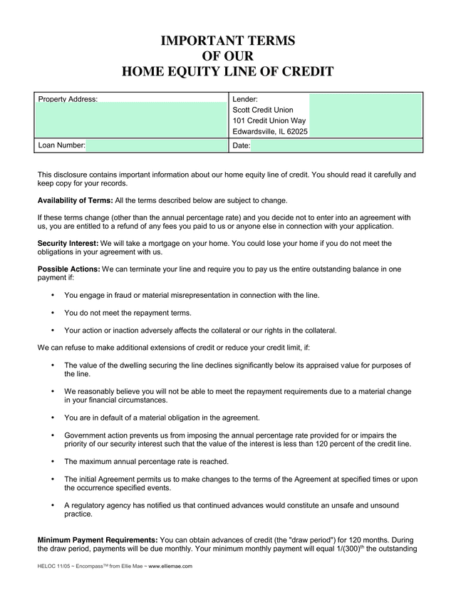 Home Equity Line Of Credit (HELOC) Important Terms screenshot