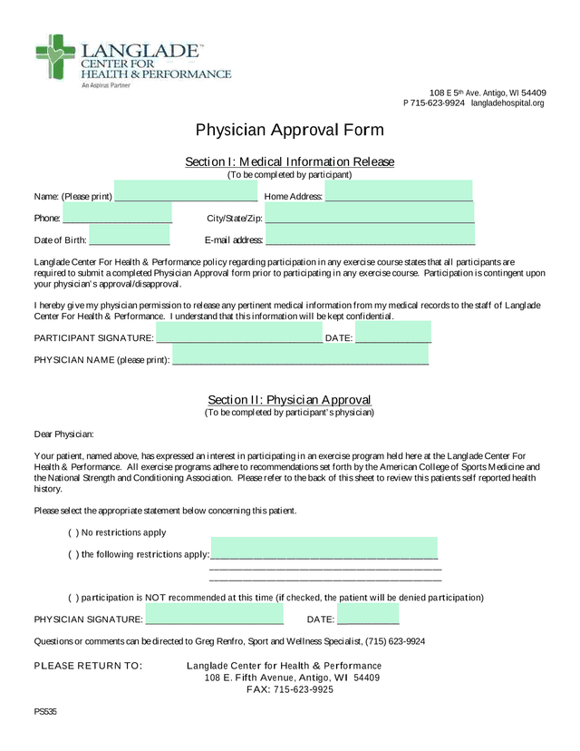 Physician Approval Form screenshot