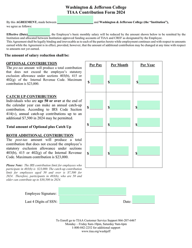 TIAA Contribution Form 2024 screenshot
