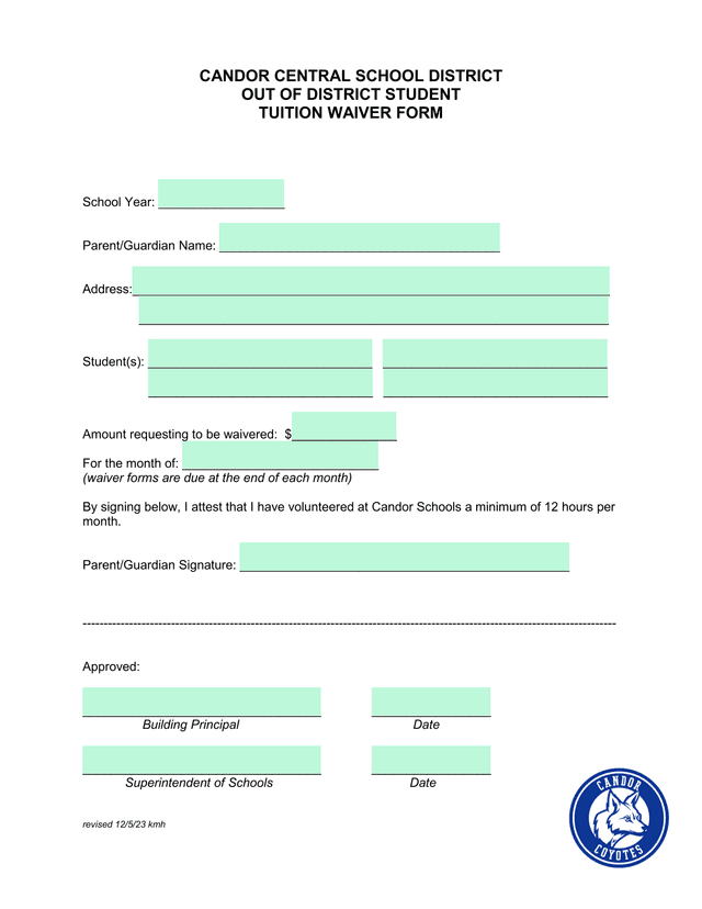 Out Of District Student Tuition Waiver Form screenshot