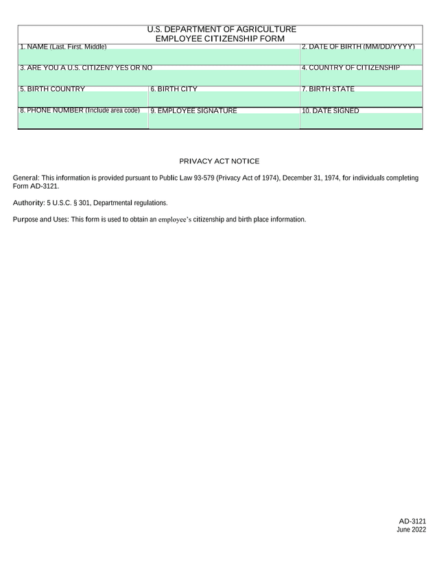 AD 3121 Employee Citizenship Form screenshot
