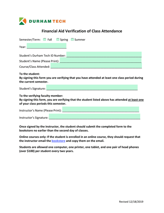 Financial Aid Verification Of Class Attendance screenshot
