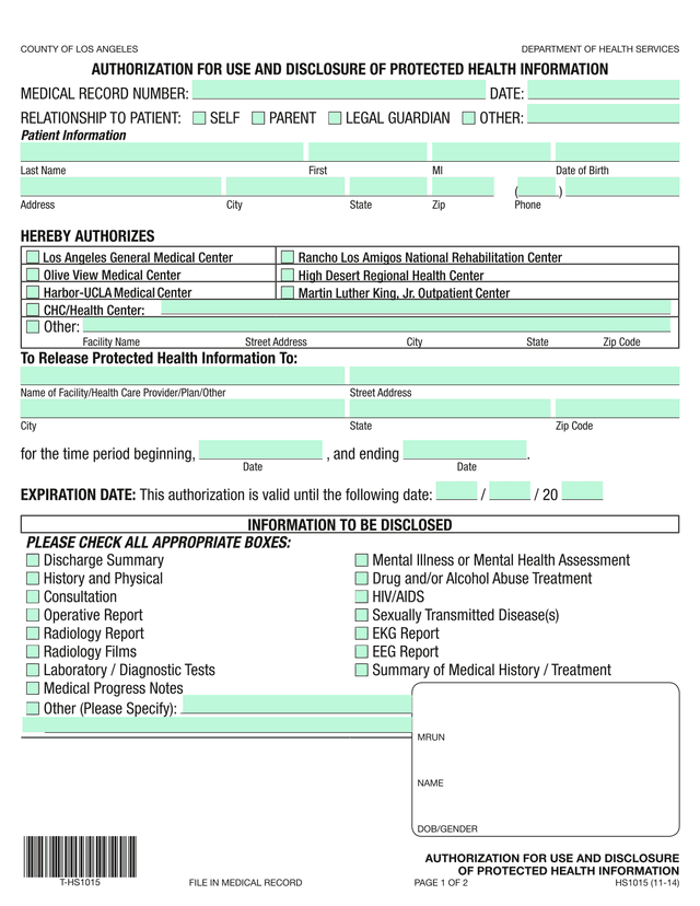 Authorization For Use And Disclosure Of Protected Health Information screenshot