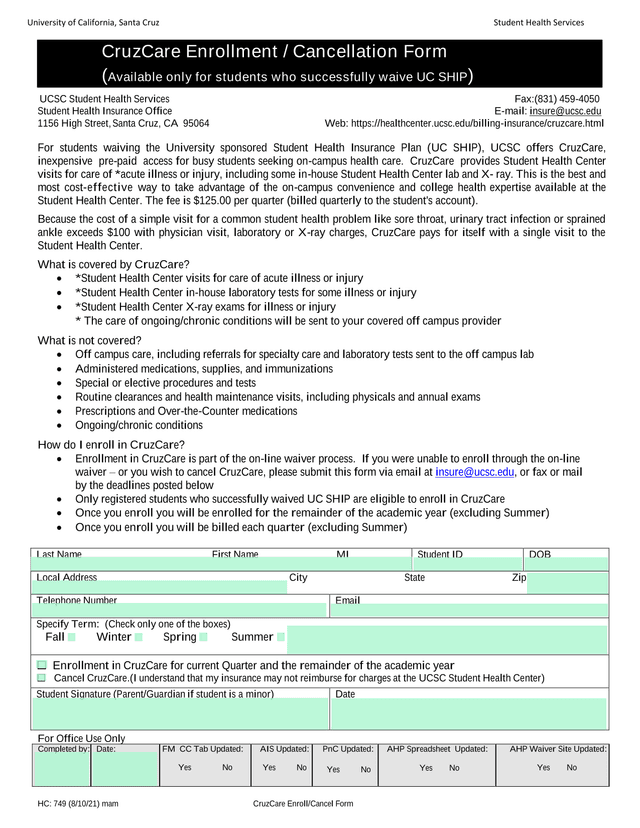 CruzCare Enrollment  Cancellation Form screenshot