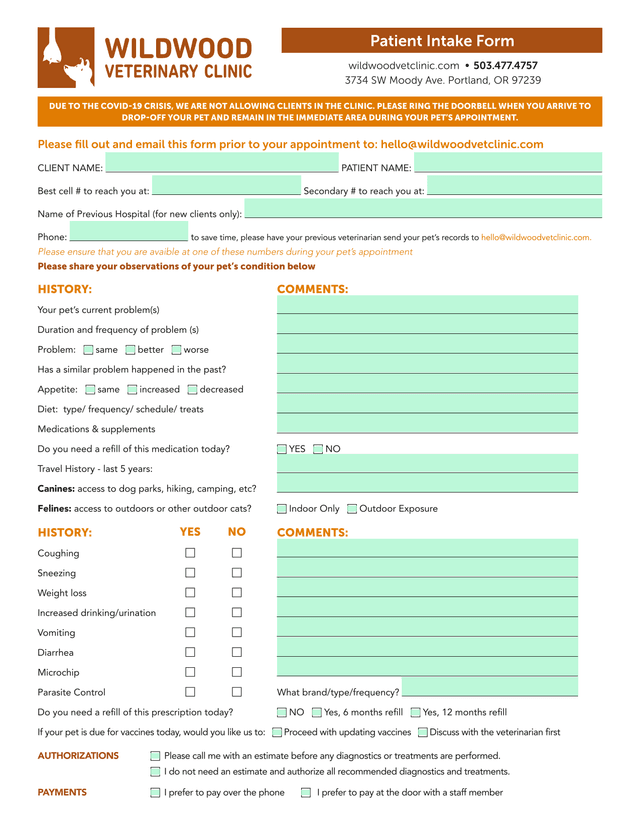 Veterinary Intake Form screenshot