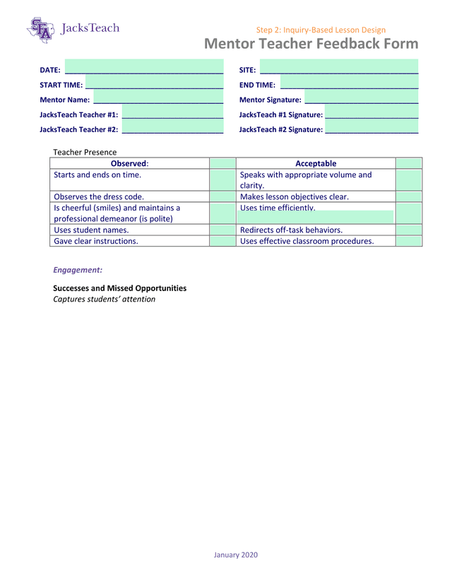 Step 2 Inquiry Based Lesson Design Mentor Teacher Feedback Form screenshot