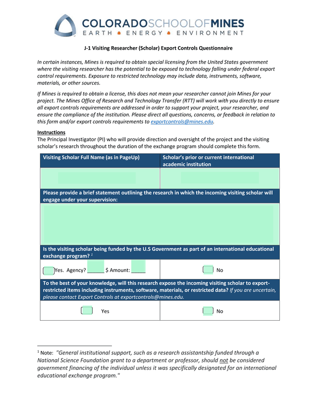 J 1 Visiting Researcher (Scholar) Export Controls Questionnaire screenshot