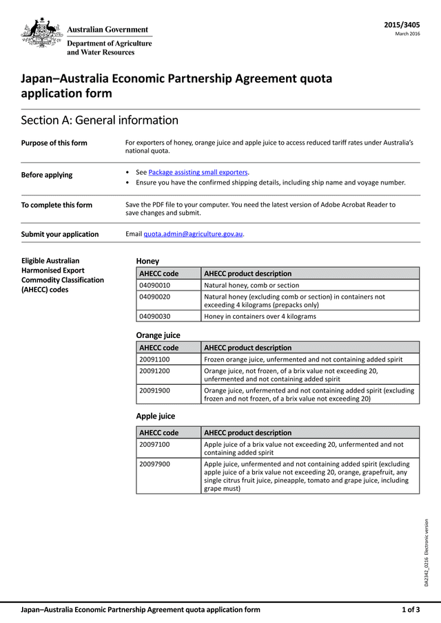 JapanAustralia Economic Partnership Agreement Quota Application Form screenshot
