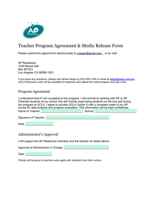 Teacher Program Agreement  Media Release Form screenshot