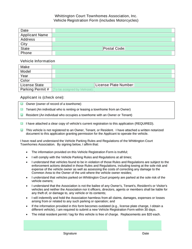 Vehicle Registration Form (Includes Motorcycles) screenshot