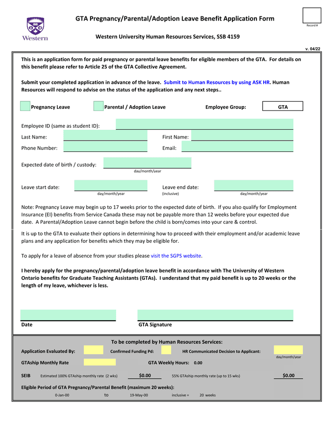 GTA PregnancyParentalAdoption Leave Benefit Application Form screenshot